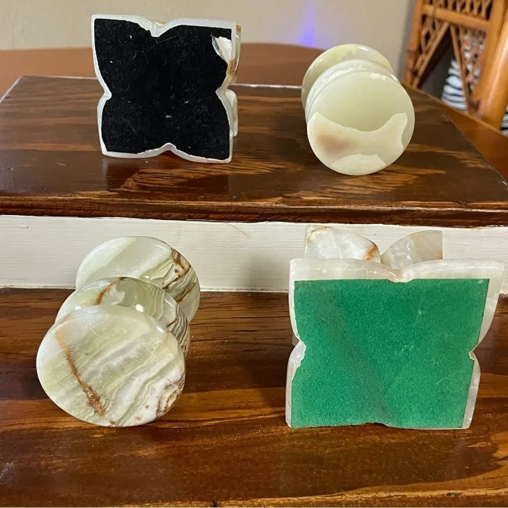 Vintage Set of 4 Elegant Onyx Candle Holders Green Cream Tan